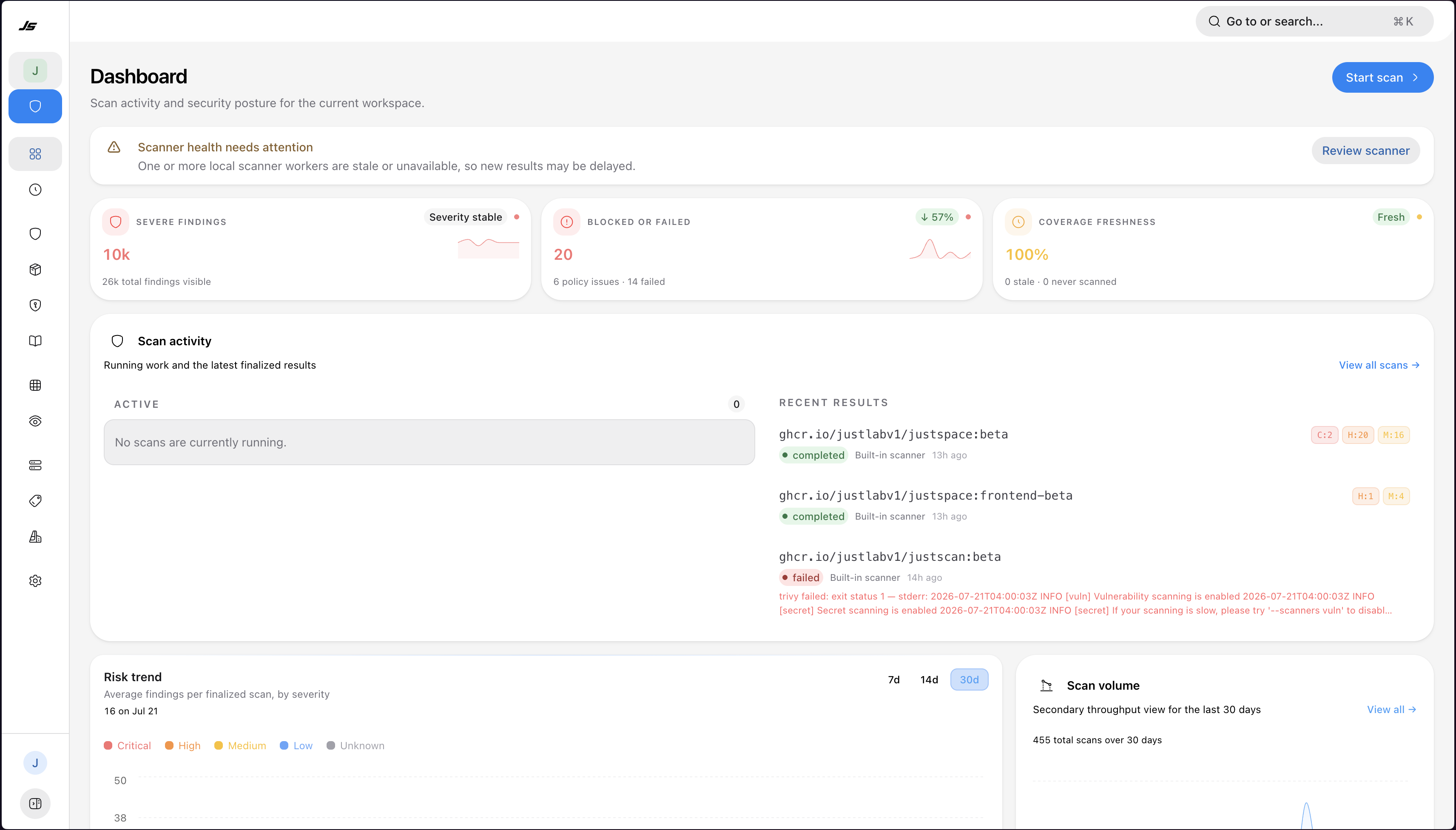 JustScan security dashboard preview